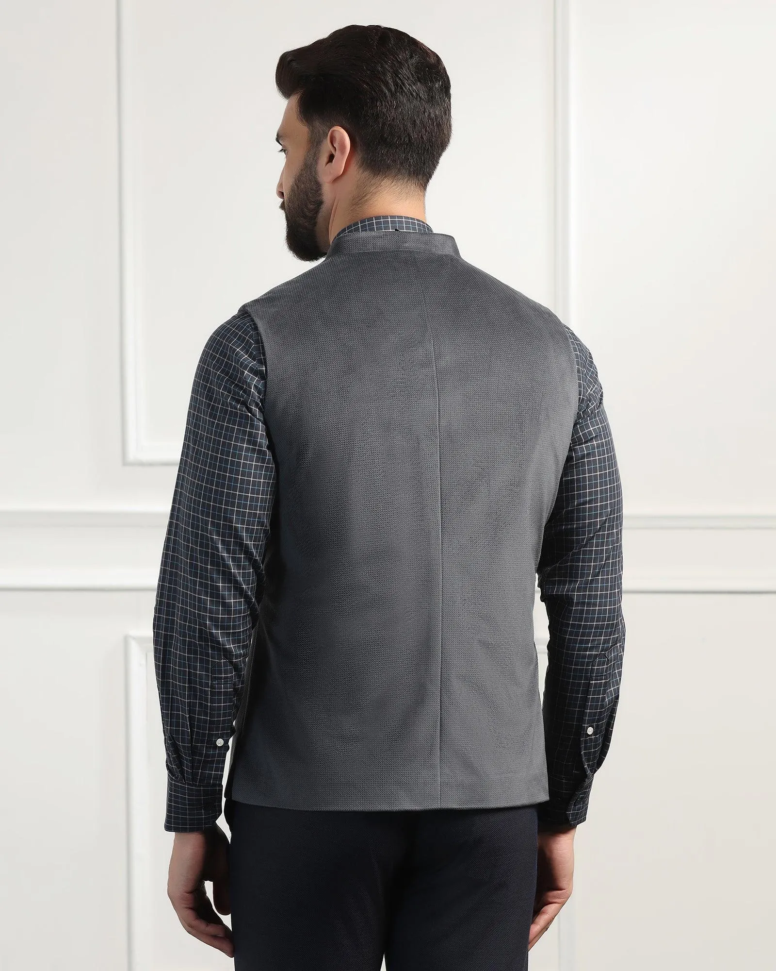 Bandhgala Formal Dark Grey Textured Waistcoat - Emira