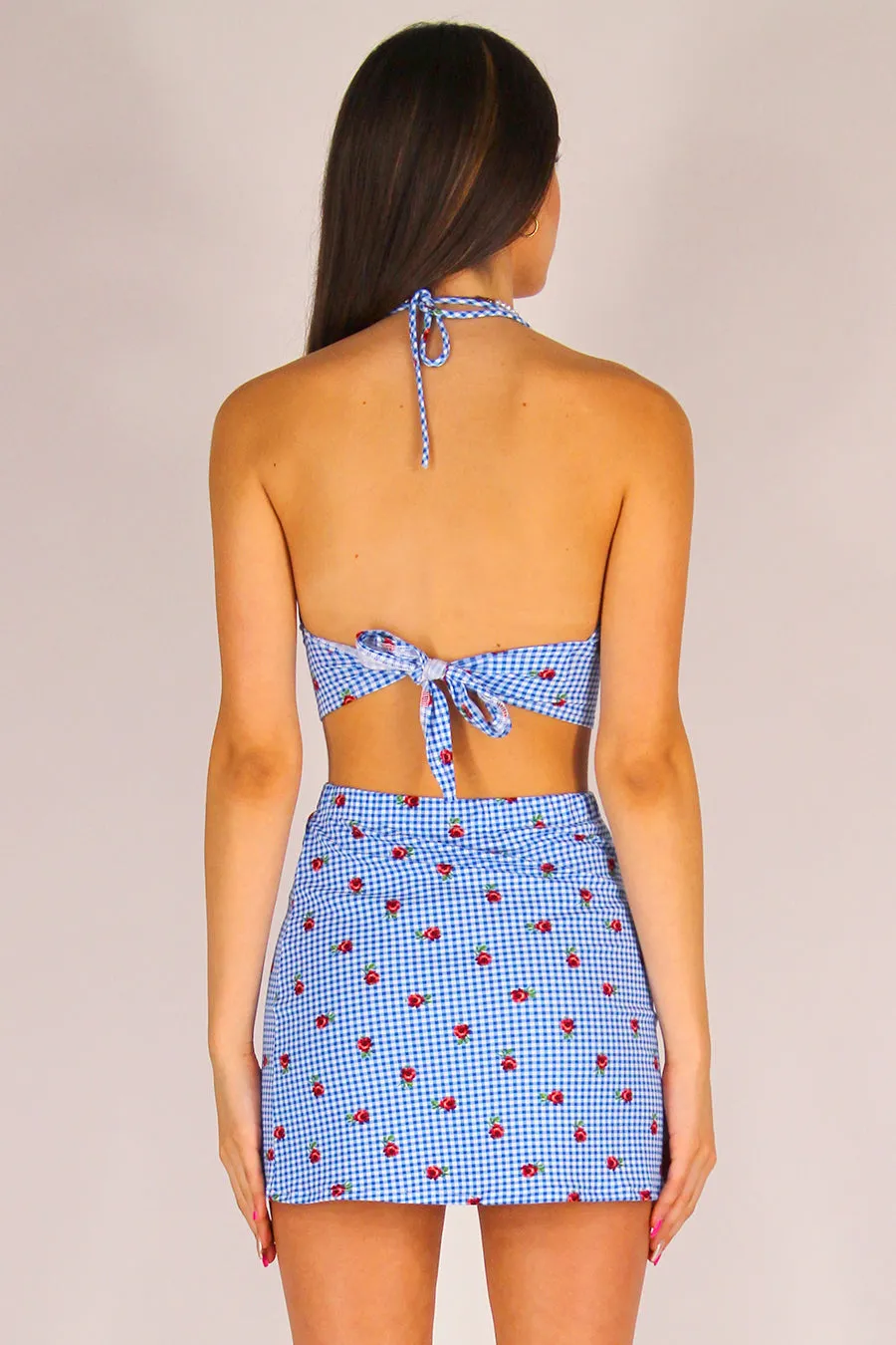 Bralette - Stretchy Blue Checker with Roses