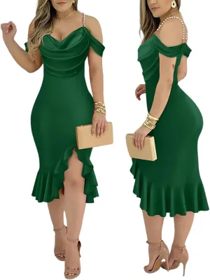 CHICME Womens Sexy Bodycon Party Dress Off The Shoulder Pearls Strap Midi Dress Ruffle Hem Cocktail Dresses
