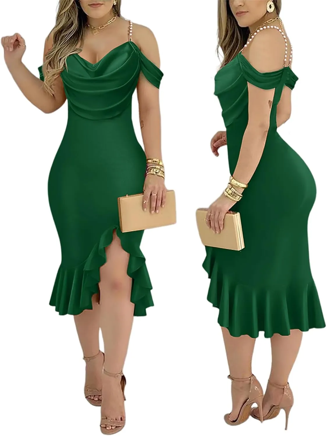 CHICME Womens Sexy Bodycon Party Dress Off The Shoulder Pearls Strap Midi Dress Ruffle Hem Cocktail Dresses