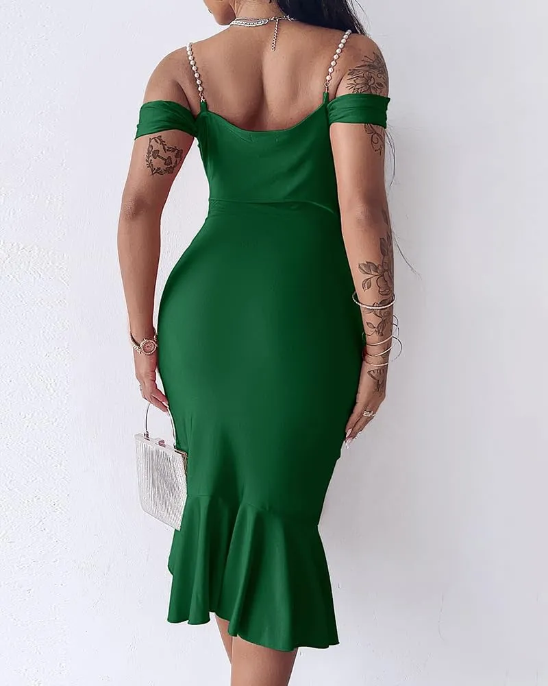 CHICME Womens Sexy Bodycon Party Dress Off The Shoulder Pearls Strap Midi Dress Ruffle Hem Cocktail Dresses