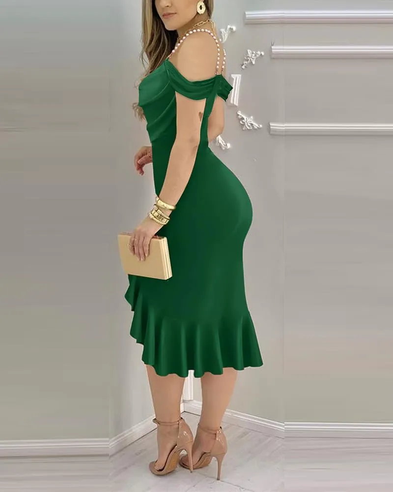 CHICME Womens Sexy Bodycon Party Dress Off The Shoulder Pearls Strap Midi Dress Ruffle Hem Cocktail Dresses