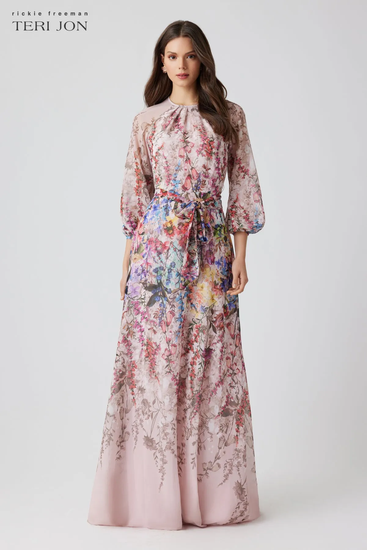 Chiffon Floral Print A Line Gown