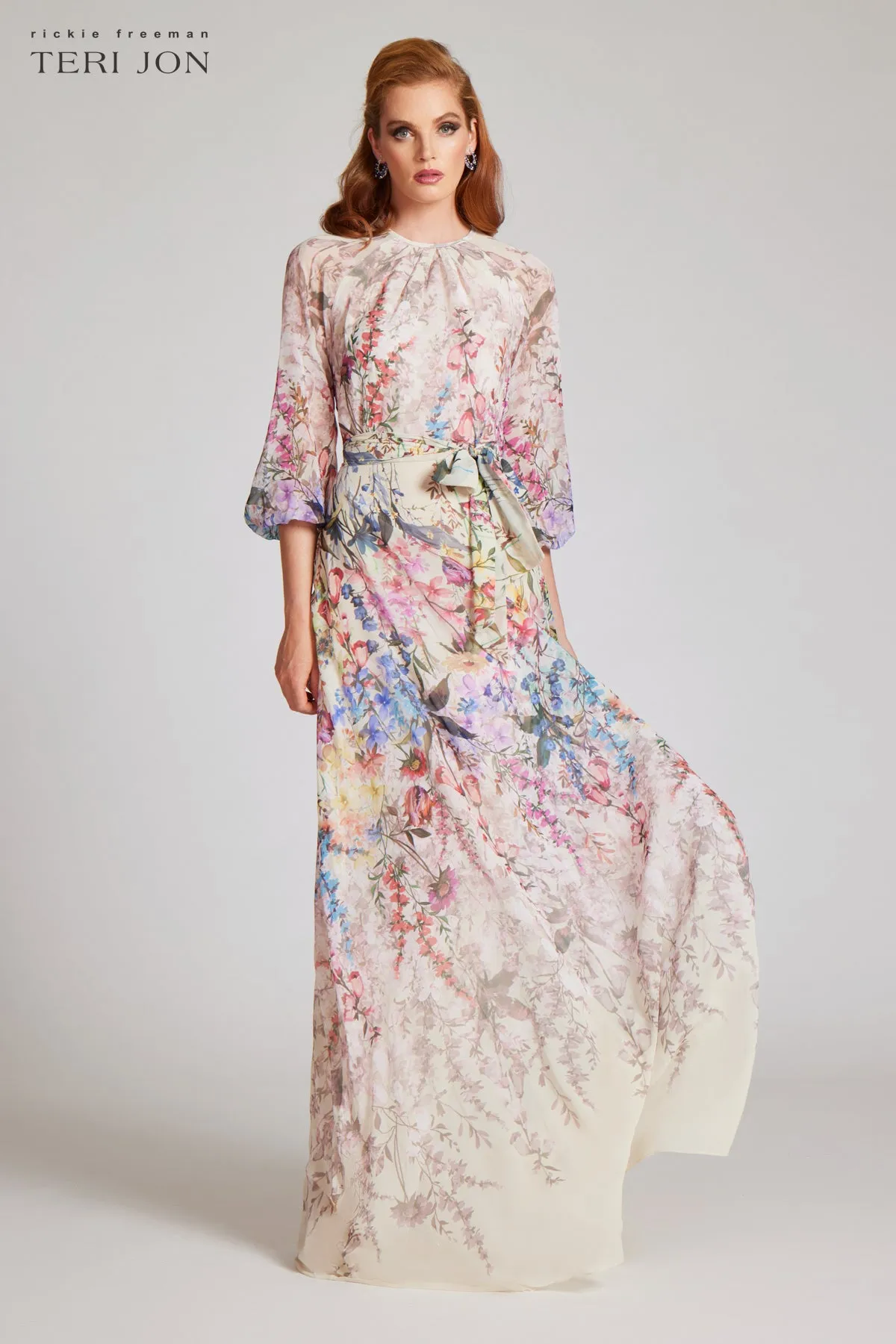 Chiffon Floral Print A Line Gown