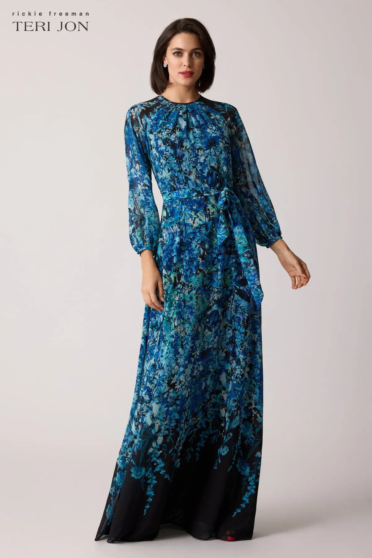 Chiffon Floral Print A Line Gown