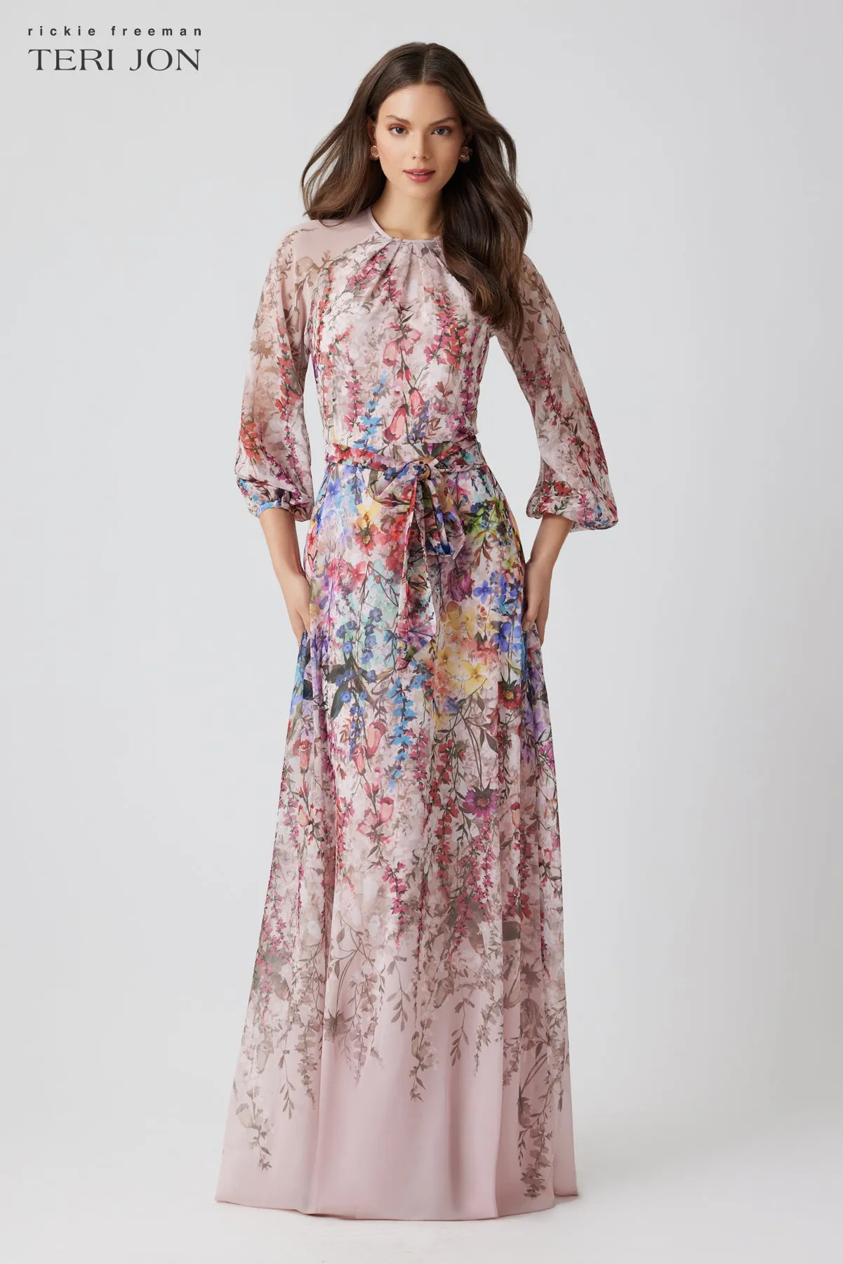 Chiffon Floral Print A Line Gown