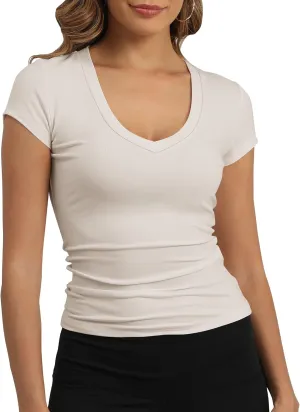 GEMBERA Womens' Stretchy V Neck Short Sleeve Gym Workout Form Fitted Casual Basic Top T-Shirt