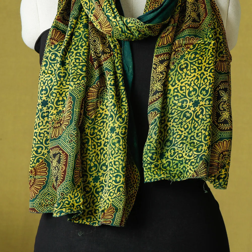 Green - Modal Silk Ajrakh Hand Block Printed Natural Dyed Stole