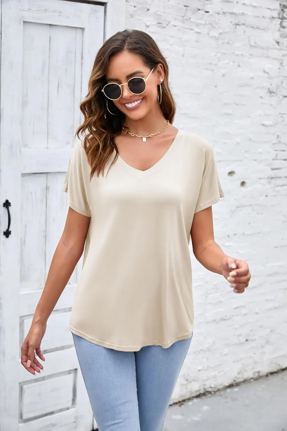Herou Short Sleeve V Neck Womens Basic Tops Casual Loose Fit T Shirts Soft Tees for Women