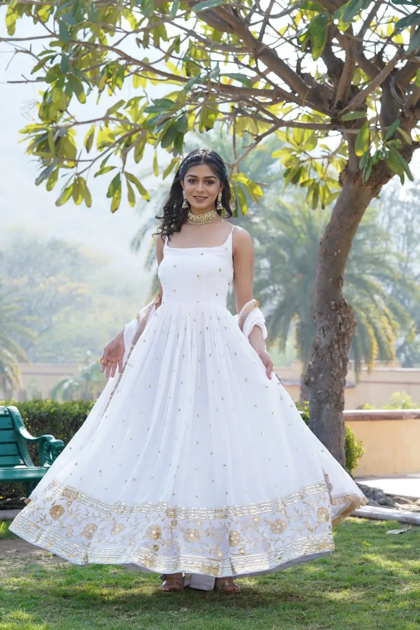 Luxury White Embroidered Sequin Gown with Designer Dupatta