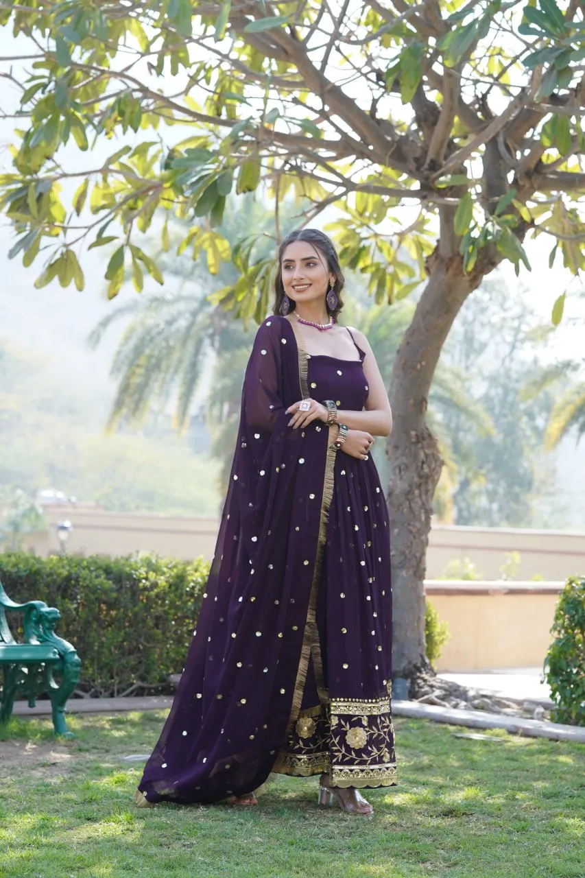 Luxury Wine Embroidered Sequin Gown with Designer Dupatta