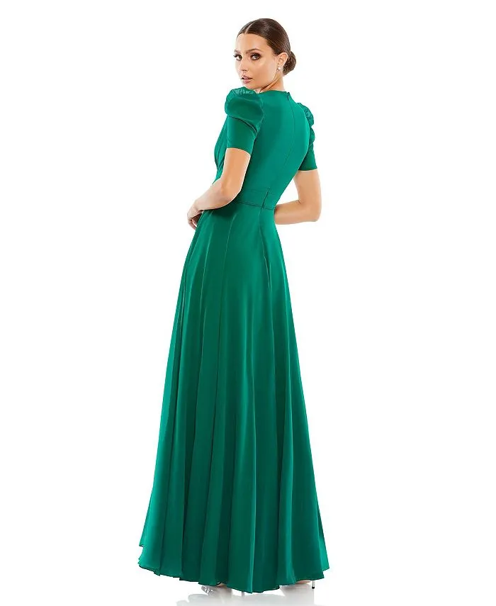 Mac Duggal Women's Plunge Neck Puff Sleeve Dress, Green