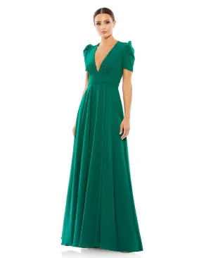 Mac Duggal Women's Plunge Neck Puff Sleeve Dress, Green
