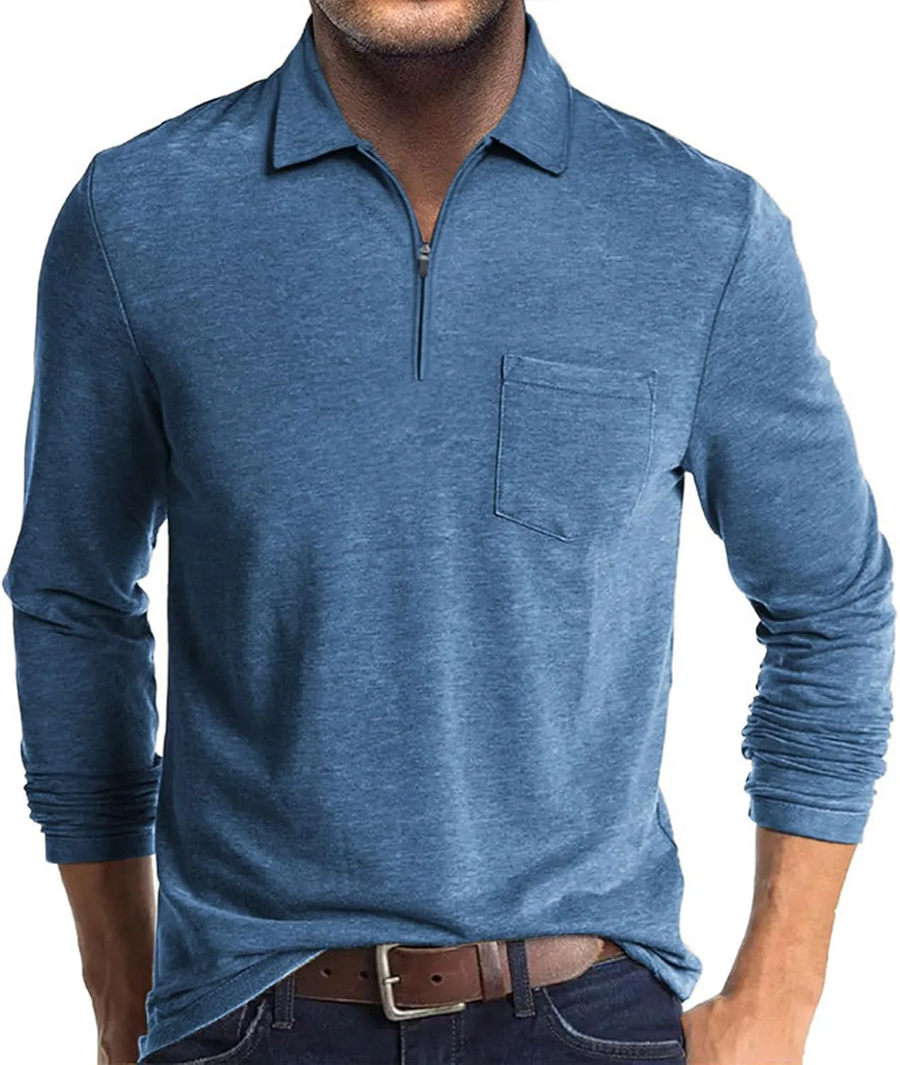 Mens Casual Polo Shirts Cotton Classic Long Sleeve Lightweight Zipper Shirt with Pocket