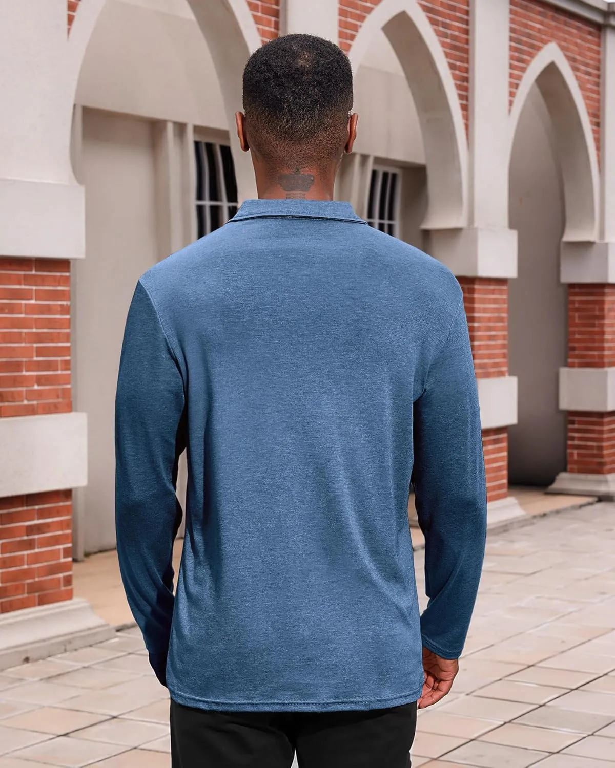Mens Casual Polo Shirts Cotton Classic Long Sleeve Lightweight Zipper Shirt with Pocket