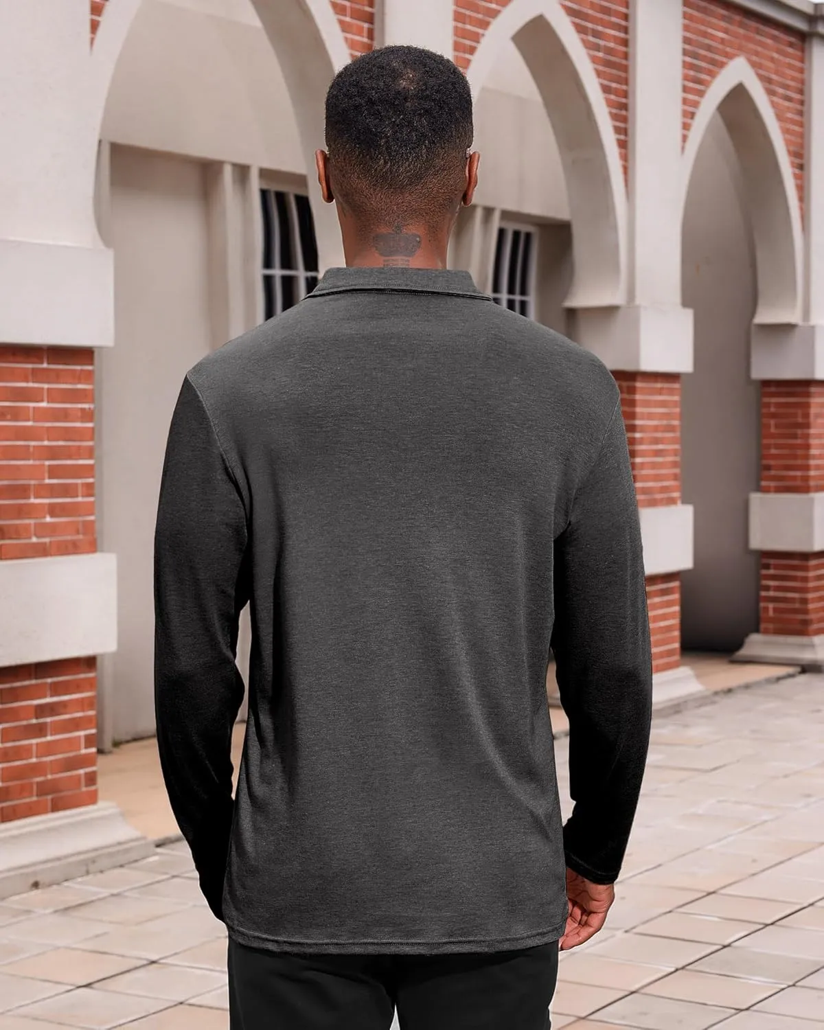 Mens Casual Polo Shirts Cotton Classic Long Sleeve Lightweight Zipper Shirt with Pocket