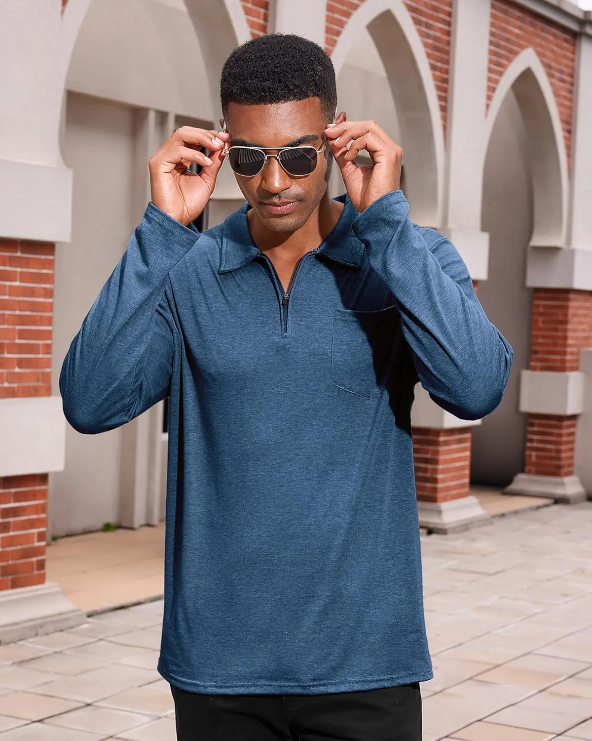 Mens Casual Polo Shirts Cotton Classic Long Sleeve Lightweight Zipper Shirt with Pocket
