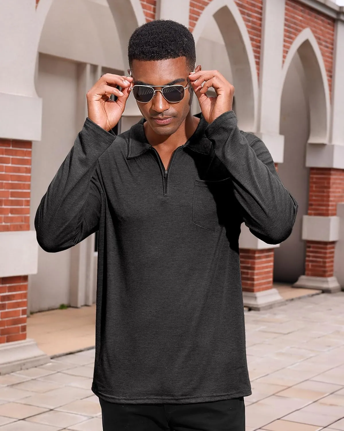 Mens Casual Polo Shirts Cotton Classic Long Sleeve Lightweight Zipper Shirt with Pocket