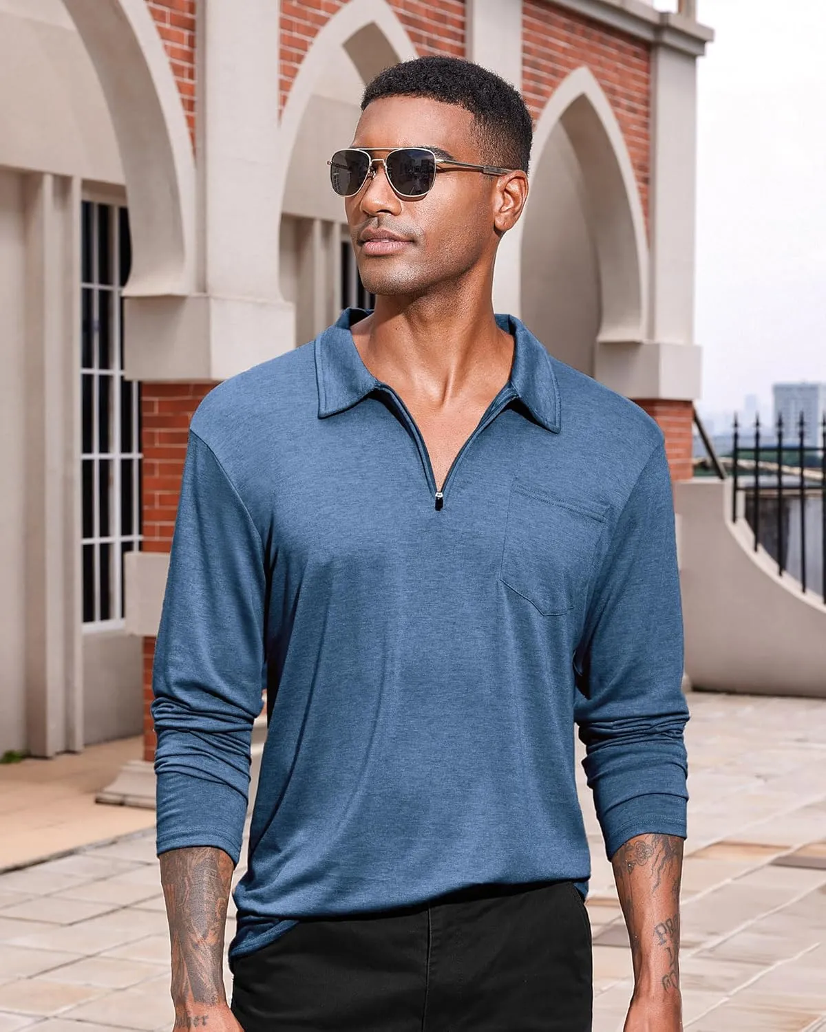 Mens Casual Polo Shirts Cotton Classic Long Sleeve Lightweight Zipper Shirt with Pocket