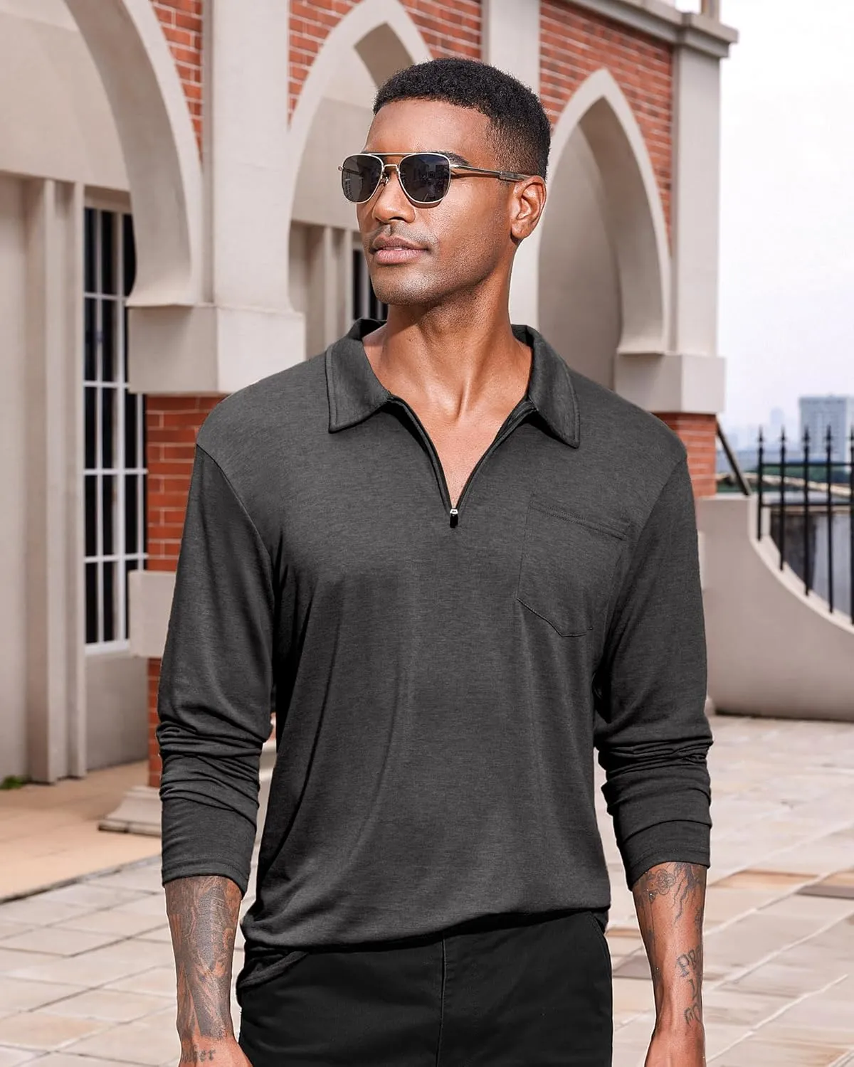 Mens Casual Polo Shirts Cotton Classic Long Sleeve Lightweight Zipper Shirt with Pocket