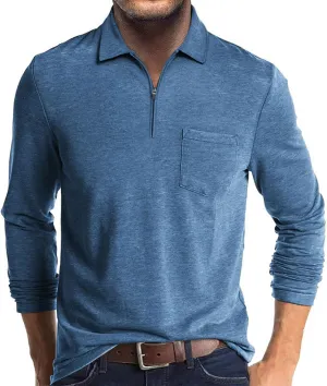 Mens Casual Polo Shirts Cotton Classic Long Sleeve Lightweight Zipper Shirt with Pocket