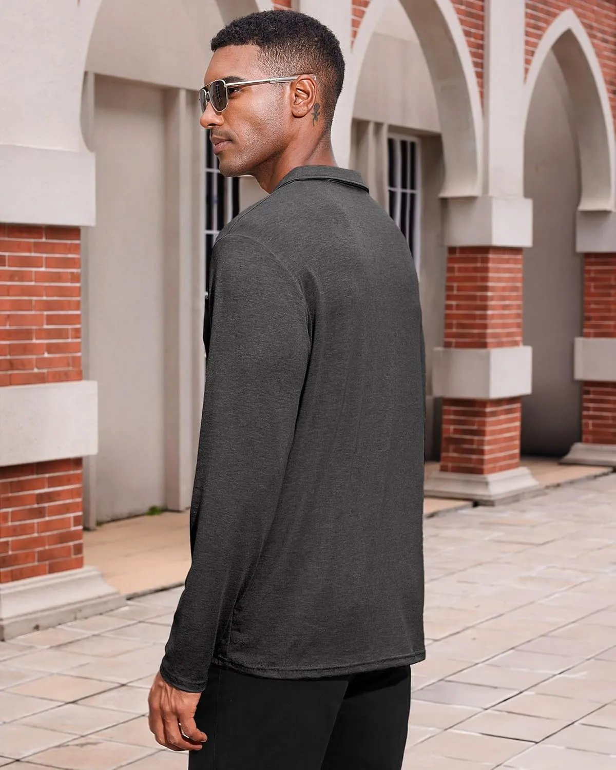 Mens Casual Polo Shirts Cotton Classic Long Sleeve Lightweight Zipper Shirt with Pocket