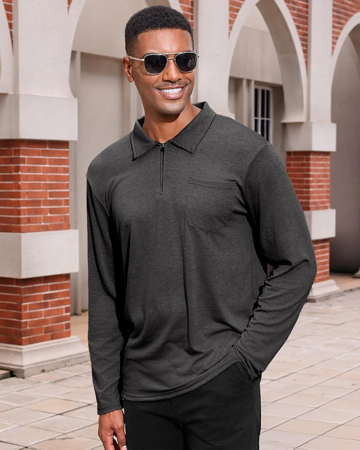 Mens Casual Polo Shirts Cotton Classic Long Sleeve Lightweight Zipper Shirt with Pocket