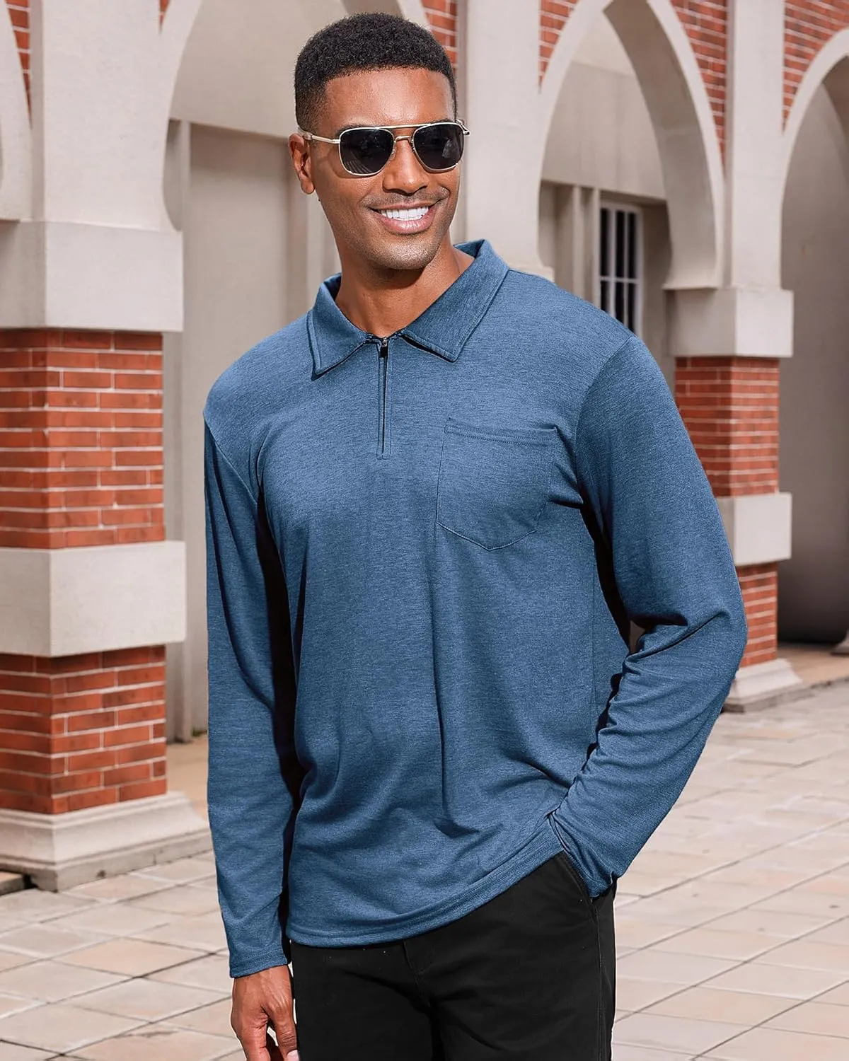Mens Casual Polo Shirts Cotton Classic Long Sleeve Lightweight Zipper Shirt with Pocket