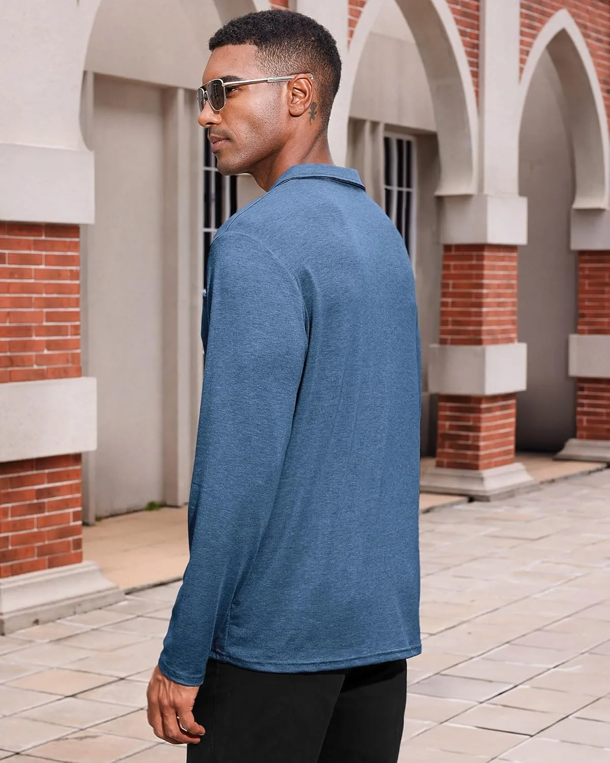 Mens Casual Polo Shirts Cotton Classic Long Sleeve Lightweight Zipper Shirt with Pocket