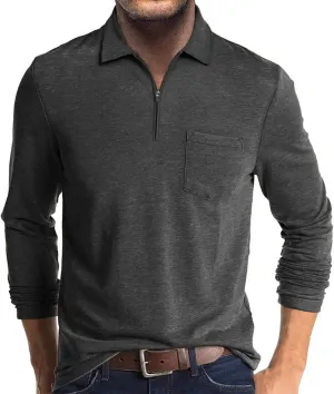 Mens Casual Polo Shirts Cotton Classic Long Sleeve Lightweight Zipper Shirt with Pocket