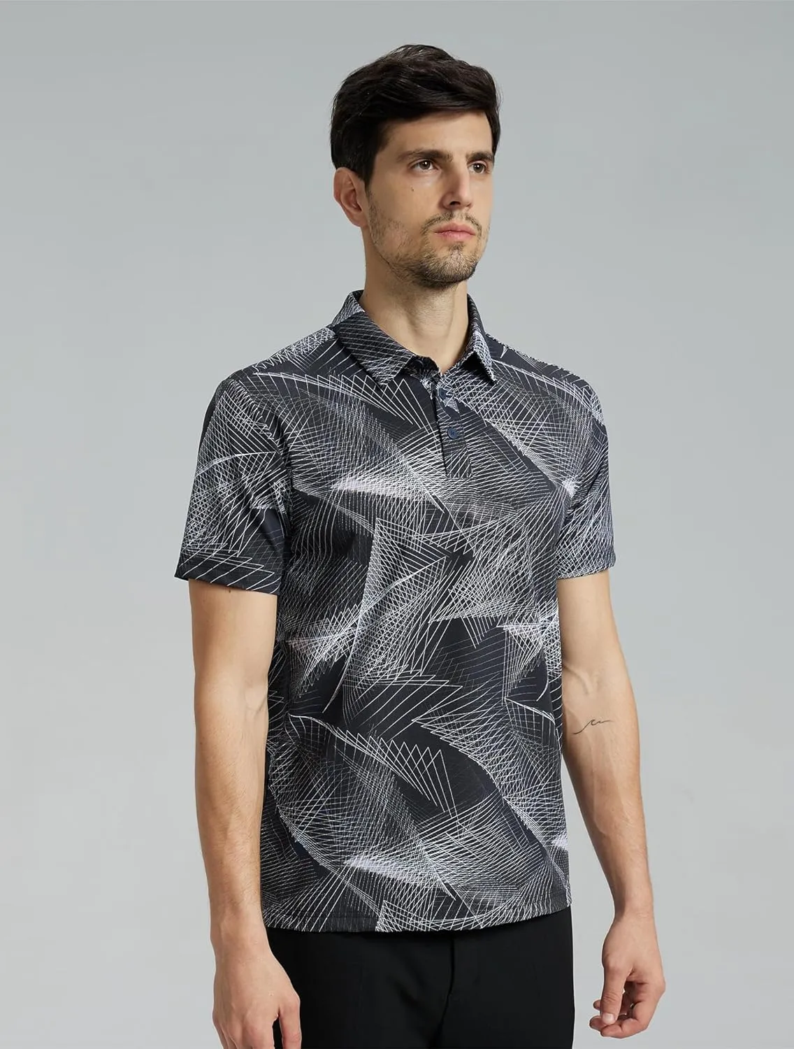 Mens High Stretch Golf Polo Shirts Dry Fit Short Sleeve Printed Striped Shirts