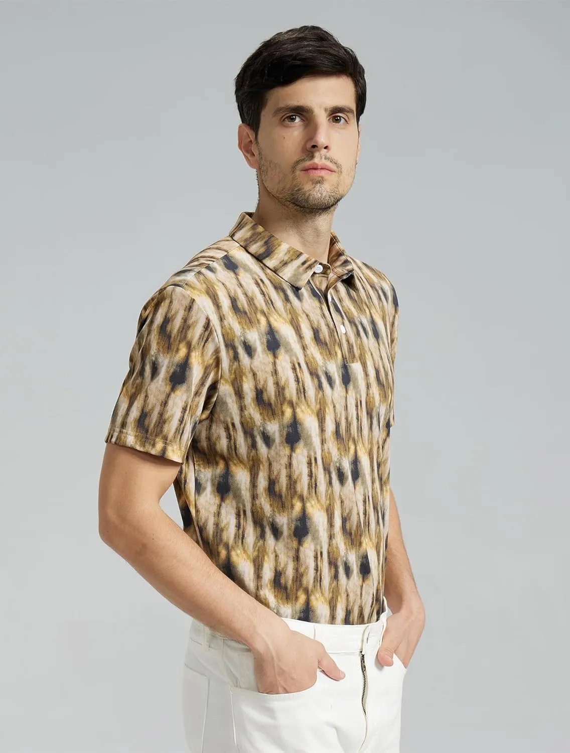 Mens High Stretch Golf Polo Shirts Dry Fit Short Sleeve Printed Striped Shirts