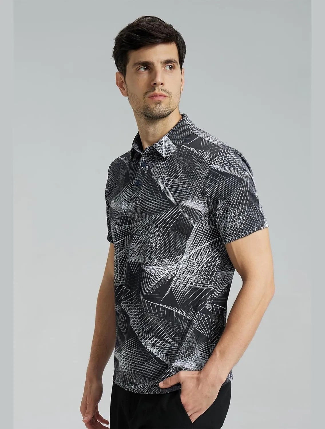 Mens High Stretch Golf Polo Shirts Dry Fit Short Sleeve Printed Striped Shirts