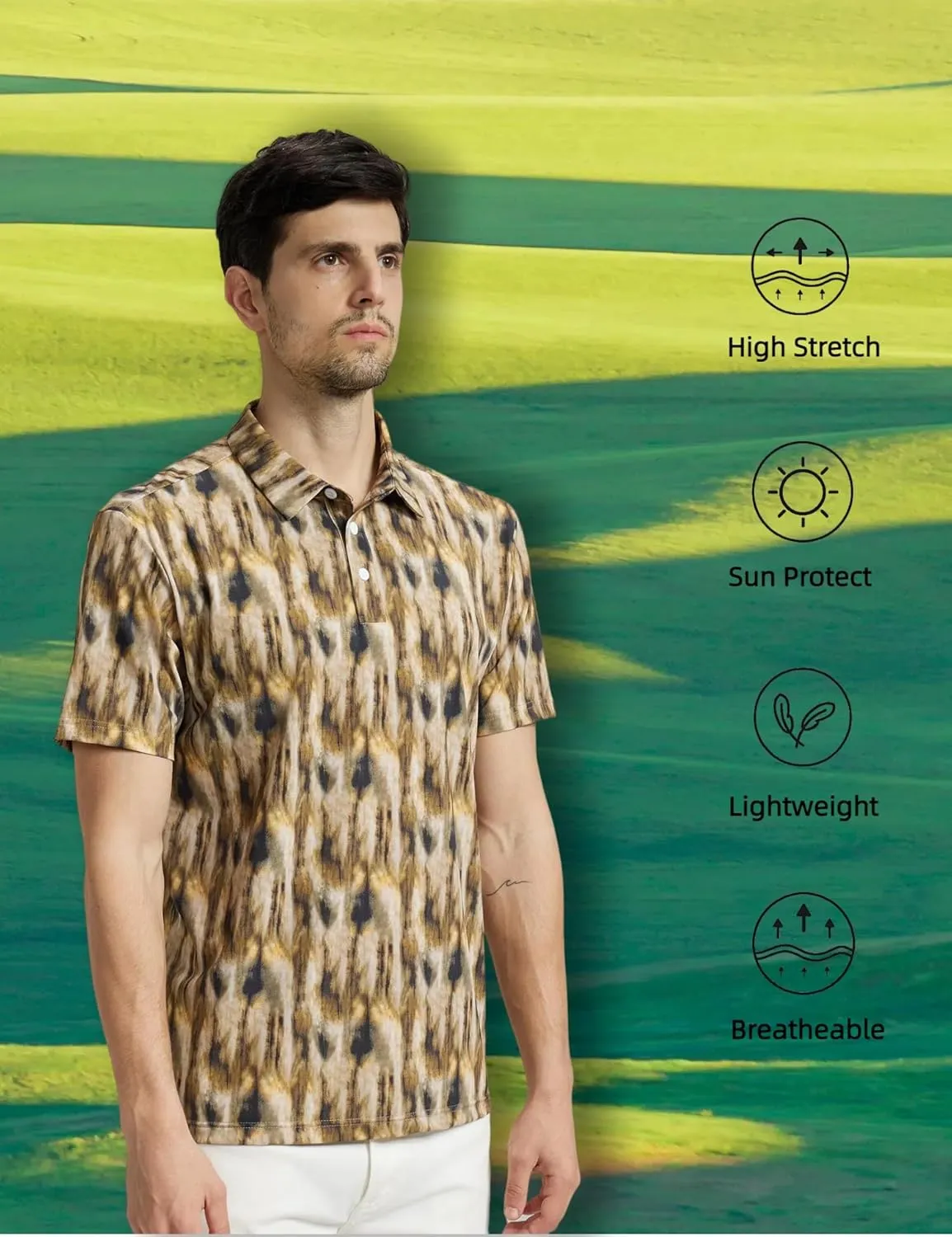 Mens High Stretch Golf Polo Shirts Dry Fit Short Sleeve Printed Striped Shirts