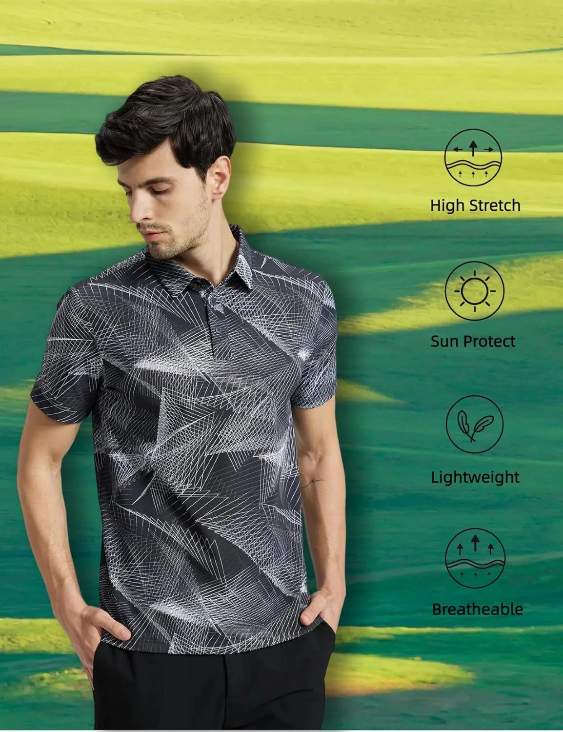 Mens High Stretch Golf Polo Shirts Dry Fit Short Sleeve Printed Striped Shirts