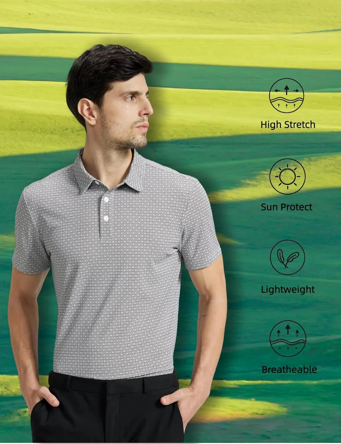 Mens High Stretch Golf Polo Shirts Dry Fit Short Sleeve Printed Striped Shirts