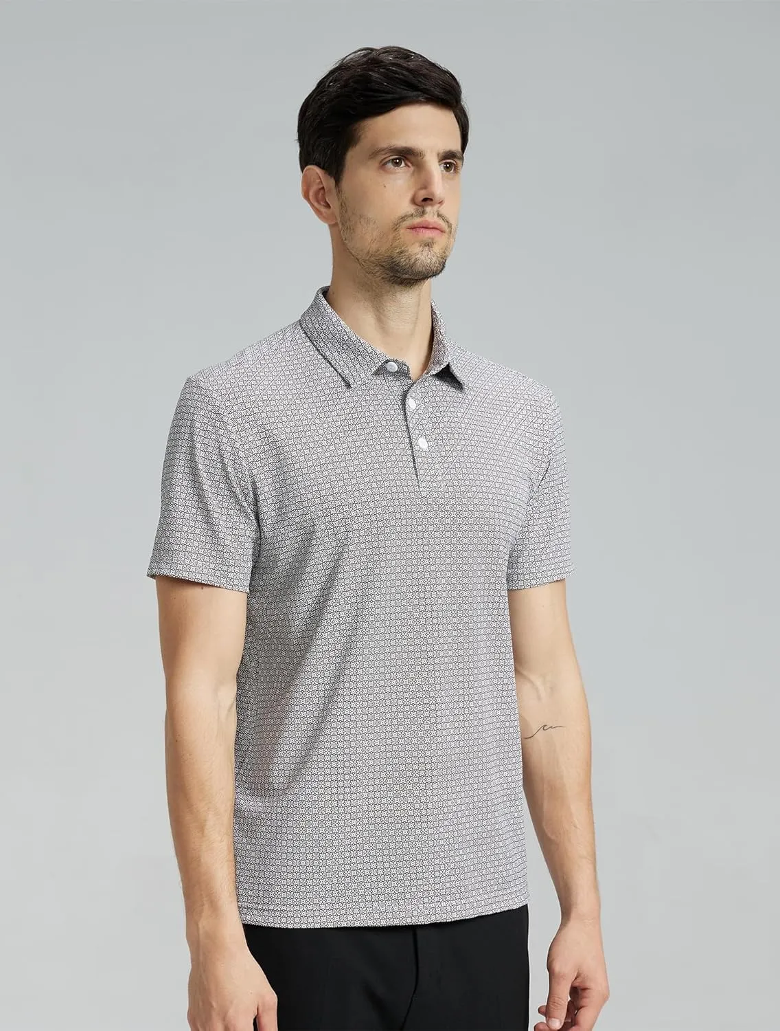 Mens High Stretch Golf Polo Shirts Dry Fit Short Sleeve Printed Striped Shirts