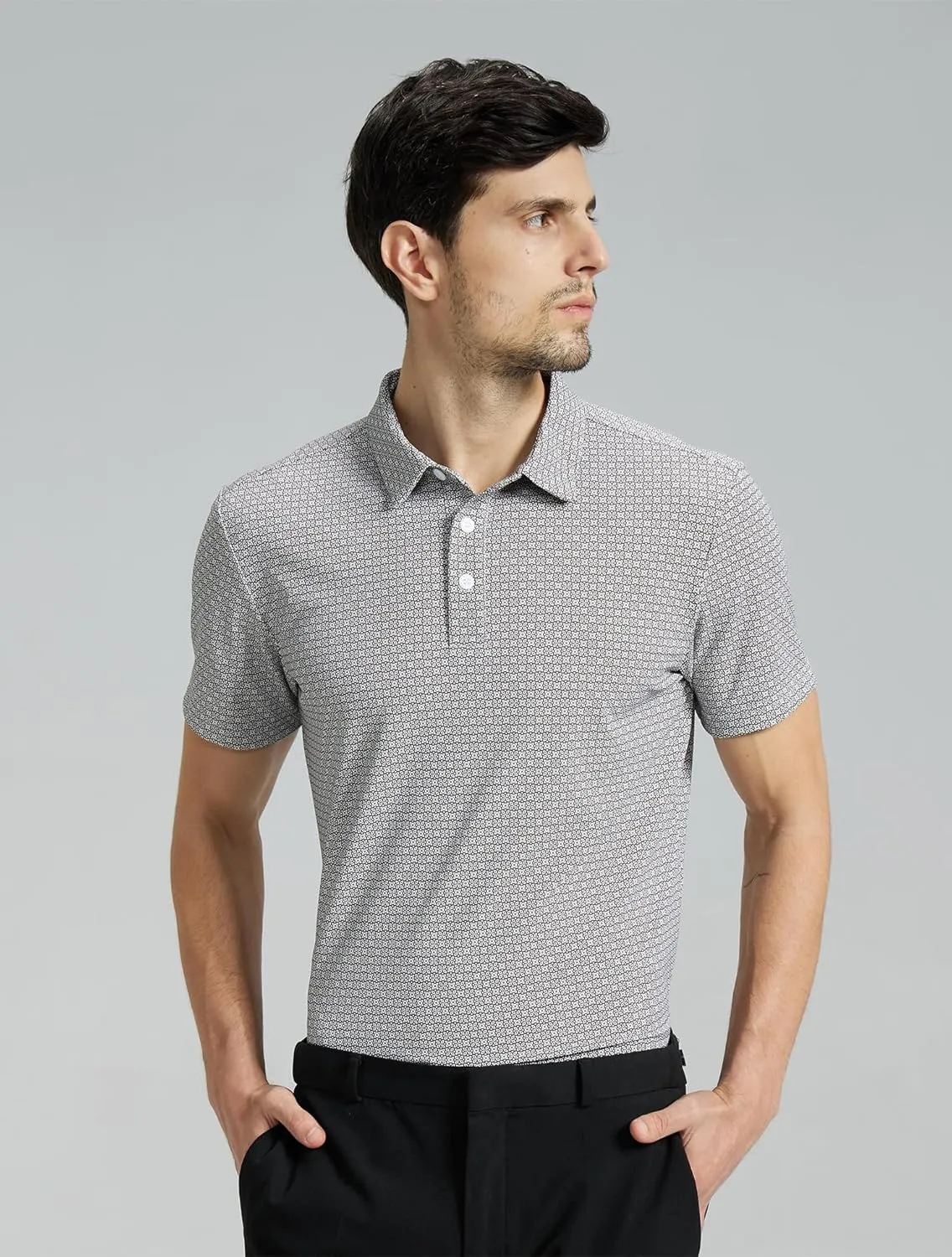 Mens High Stretch Golf Polo Shirts Dry Fit Short Sleeve Printed Striped Shirts