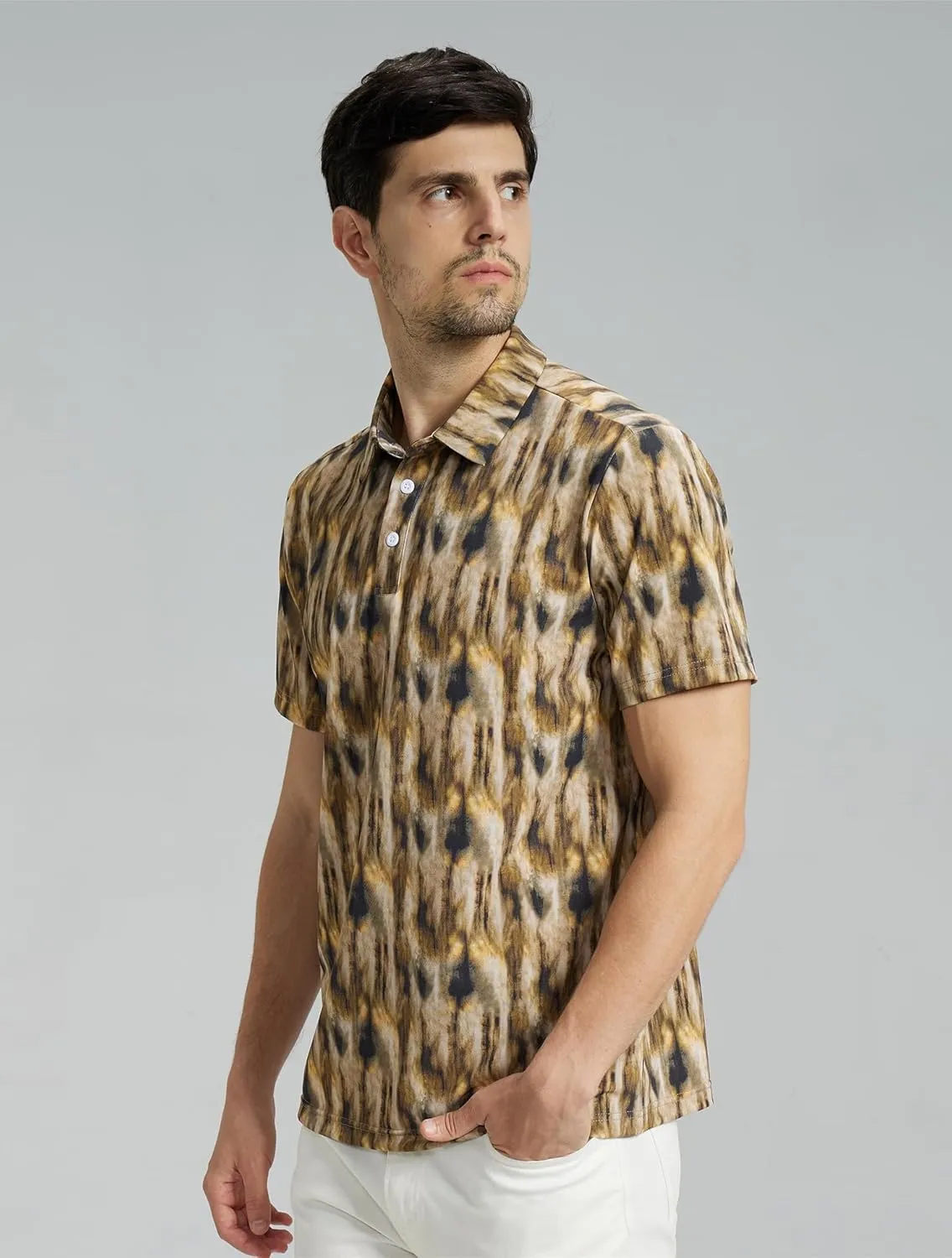 Mens High Stretch Golf Polo Shirts Dry Fit Short Sleeve Printed Striped Shirts