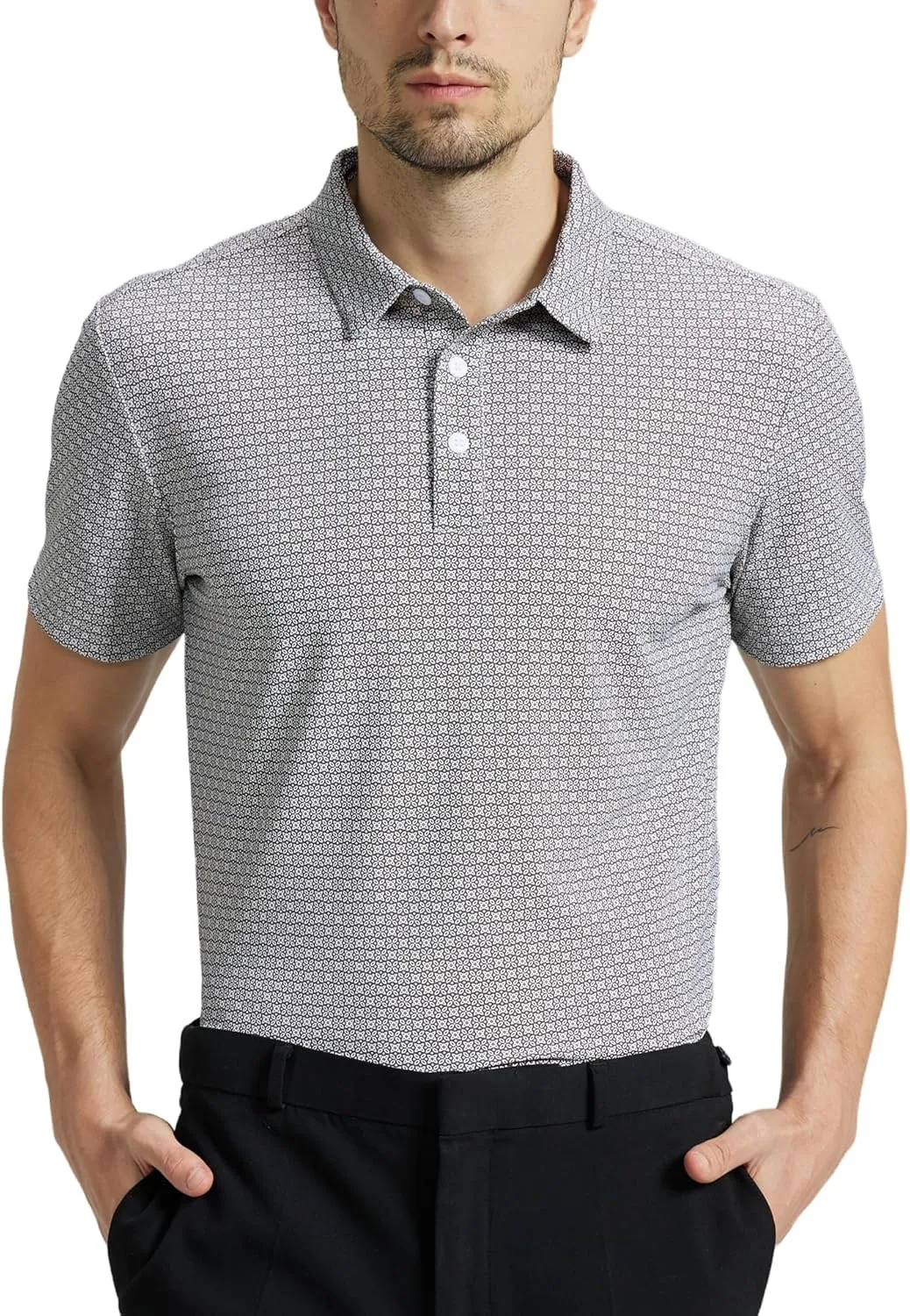 Mens High Stretch Golf Polo Shirts Dry Fit Short Sleeve Printed Striped Shirts