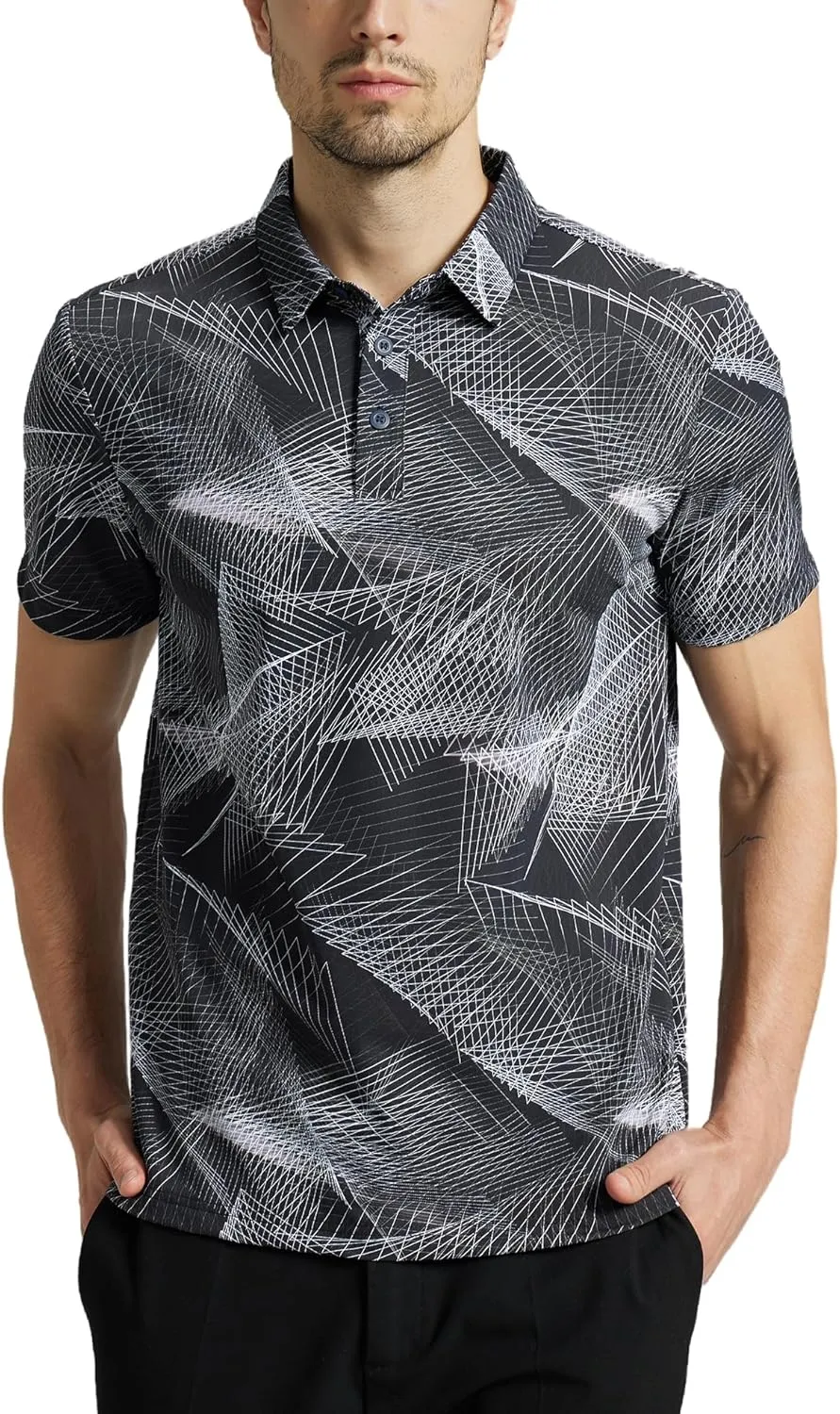 Mens High Stretch Golf Polo Shirts Dry Fit Short Sleeve Printed Striped Shirts