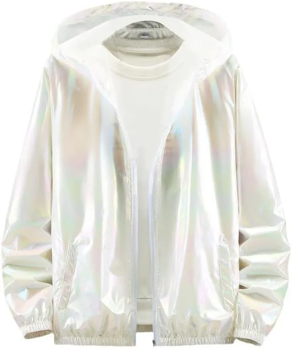Men's Metallic Jacket Holographic Ultra-thin Lightweight Shiny Hooded Jackets Party Club Coat