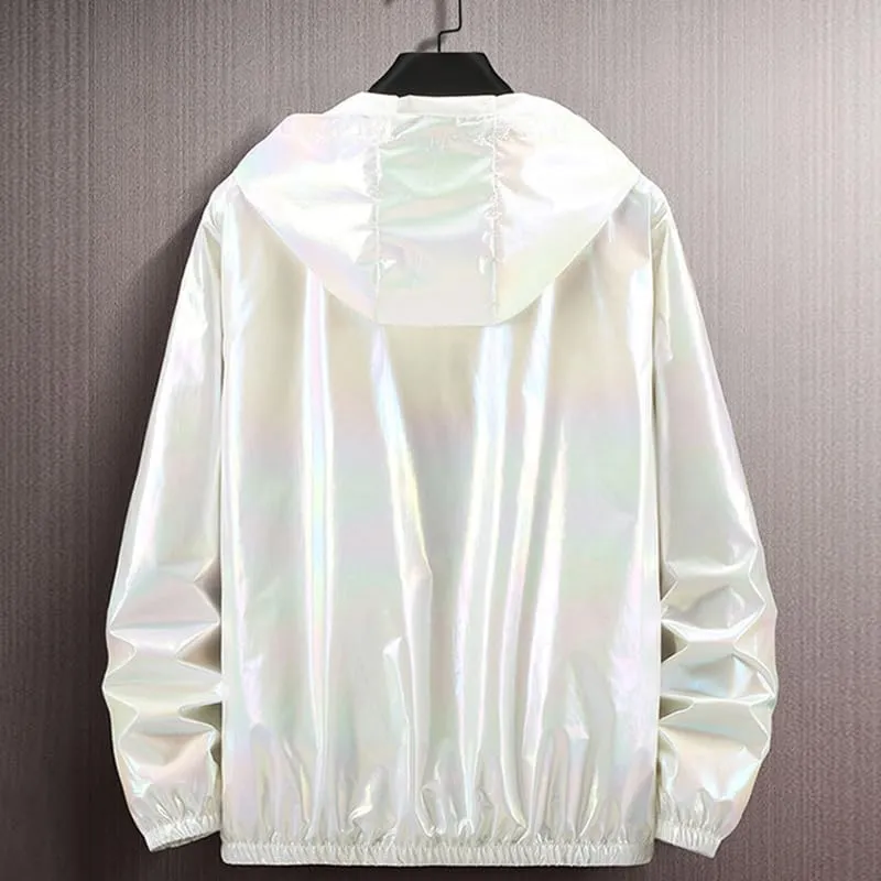 Men's Metallic Jacket Holographic Ultra-thin Lightweight Shiny Hooded Jackets Party Club Coat