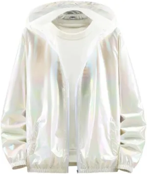 Men's Metallic Jacket Holographic Ultra-thin Lightweight Shiny Hooded Jackets Party Club Coat