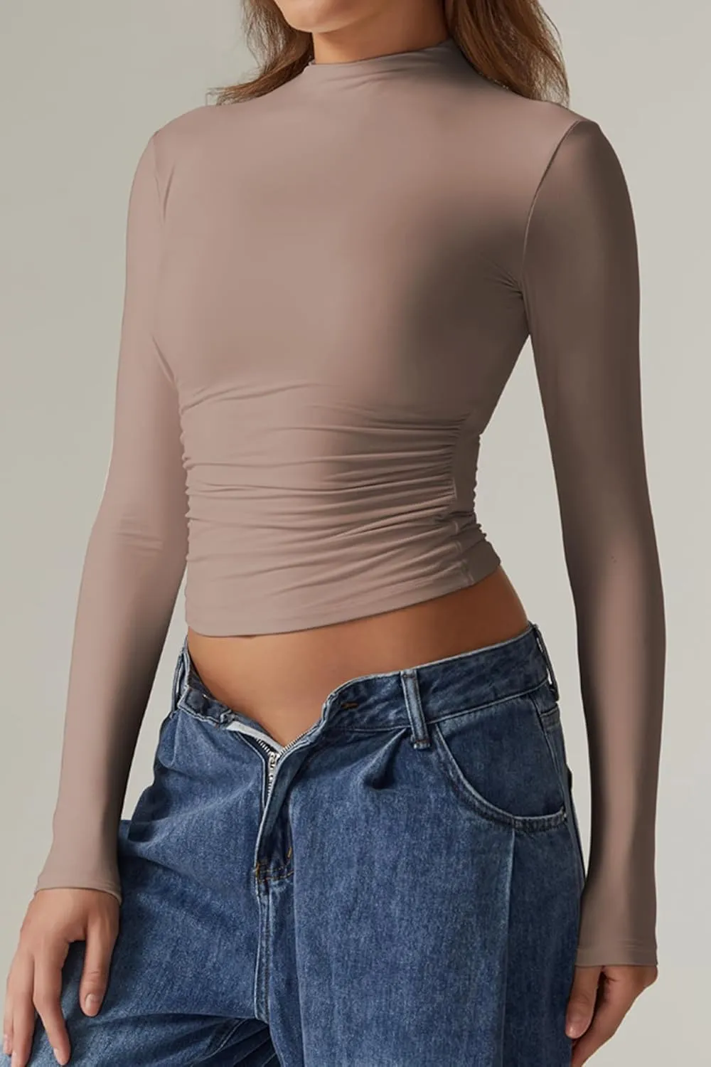 QINSEN Womens Mock Neck Long Sleeve Shirt Double Lined Basic Tees Side Ruched Going Out Crop Tops