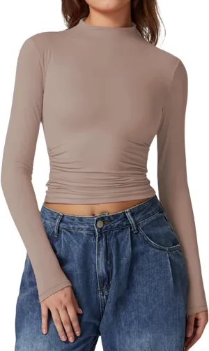 QINSEN Womens Mock Neck Long Sleeve Shirt Double Lined Basic Tees Side Ruched Going Out Crop Tops