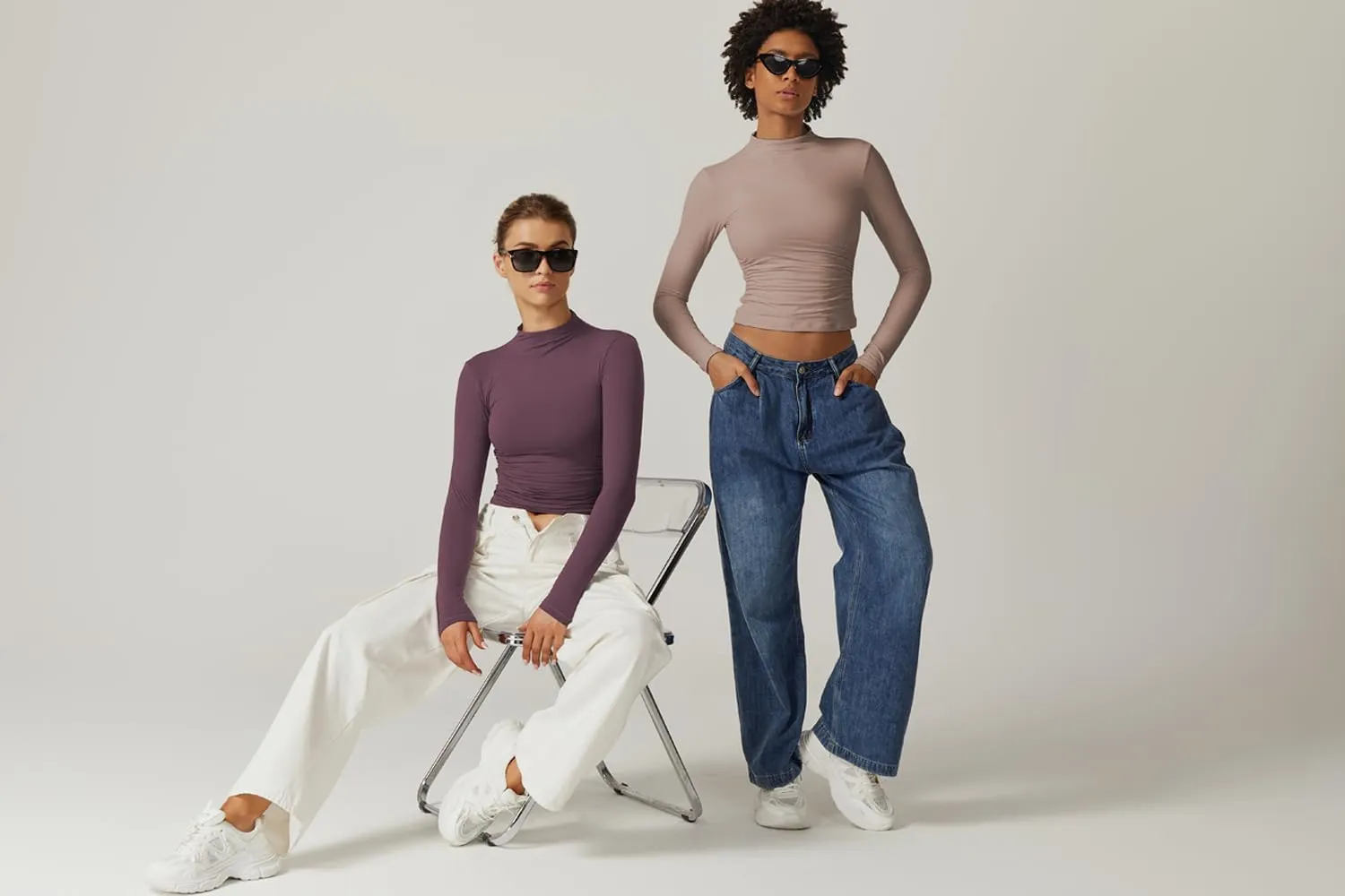 QINSEN Womens Mock Neck Long Sleeve Shirt Double Lined Basic Tees Side Ruched Going Out Crop Tops