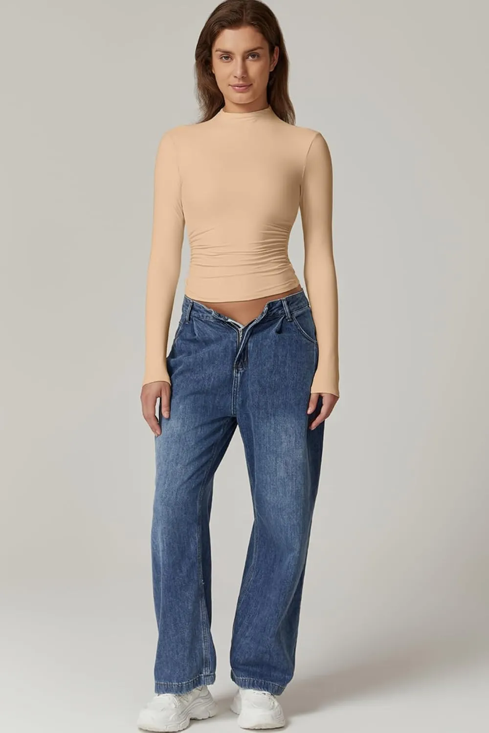 QINSEN Womens Mock Neck Long Sleeve Shirt Double Lined Basic Tees Side Ruched Going Out Crop Tops