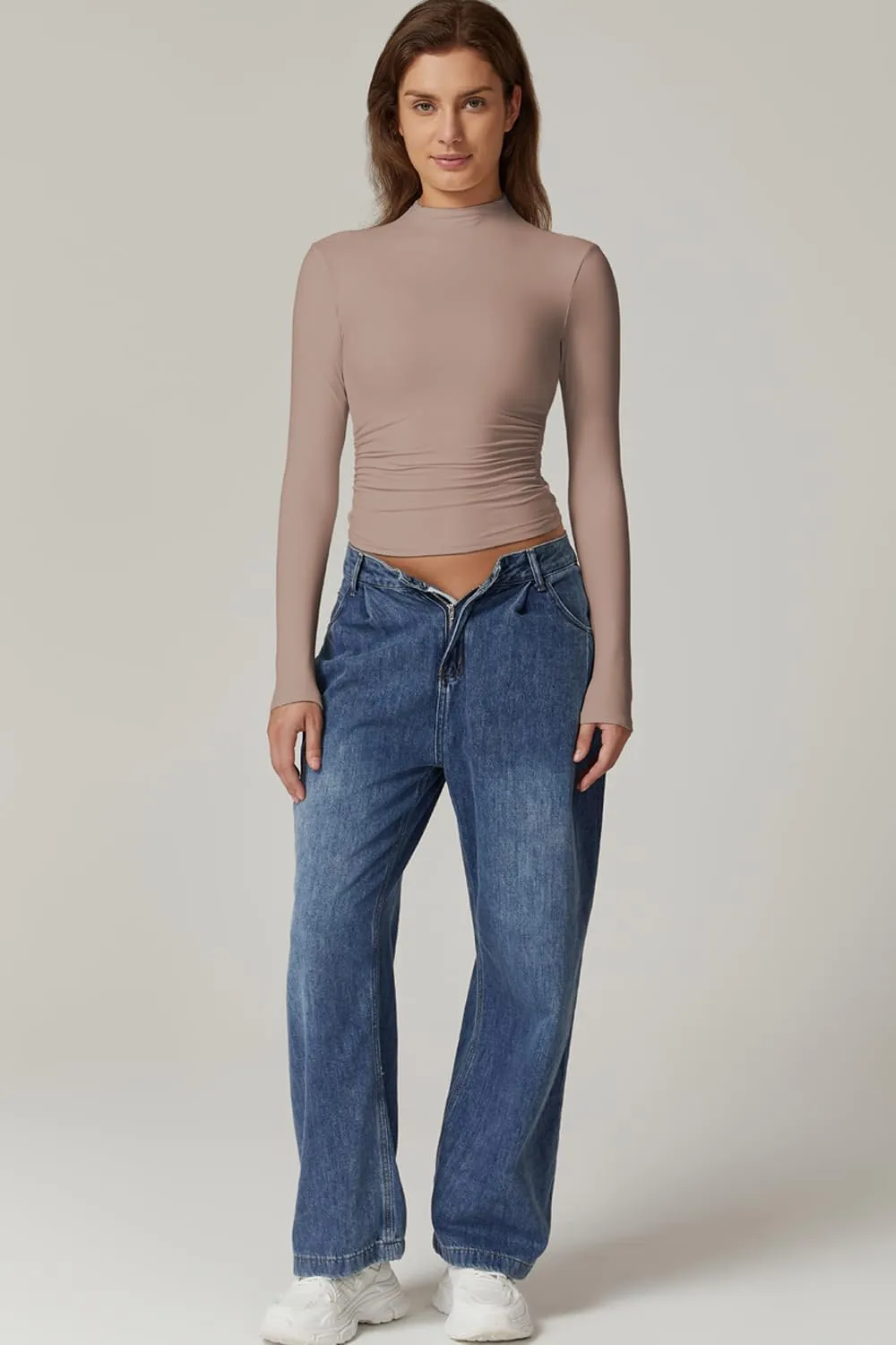 QINSEN Womens Mock Neck Long Sleeve Shirt Double Lined Basic Tees Side Ruched Going Out Crop Tops
