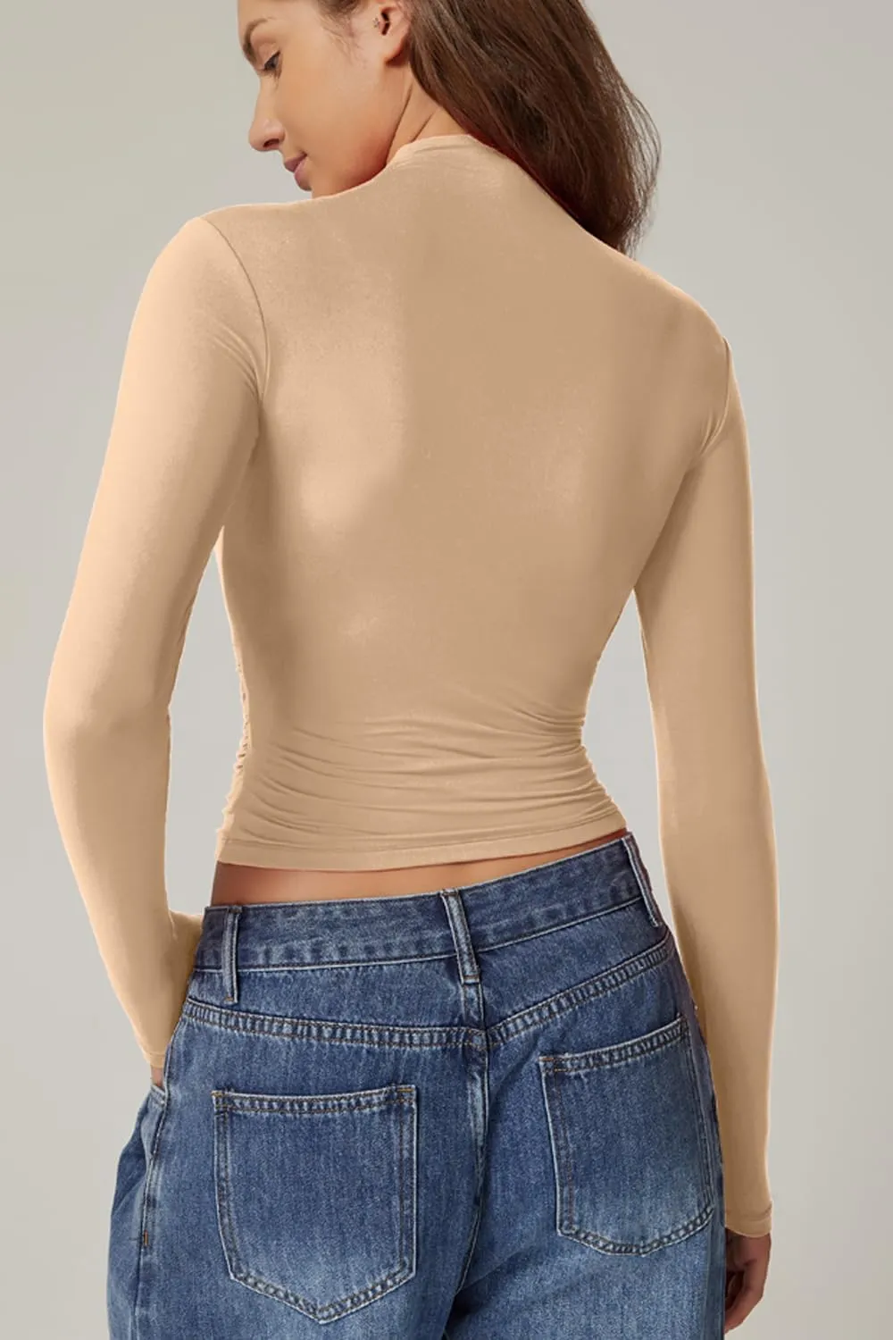QINSEN Womens Mock Neck Long Sleeve Shirt Double Lined Basic Tees Side Ruched Going Out Crop Tops